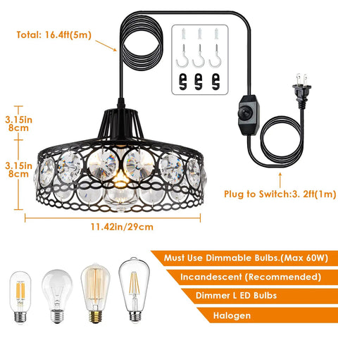 Plug In Pendant Light With 15 Foot Cord Dimmable Inline On Off Switch Dope Modern Crystal Chandelier Hanging Lamp details
