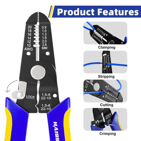 DIY Wire Stripper Tools Set 10 To 20 AWG Three Piece Set Manual Strippers With Flush Cutters And Cable Cutters showing functions