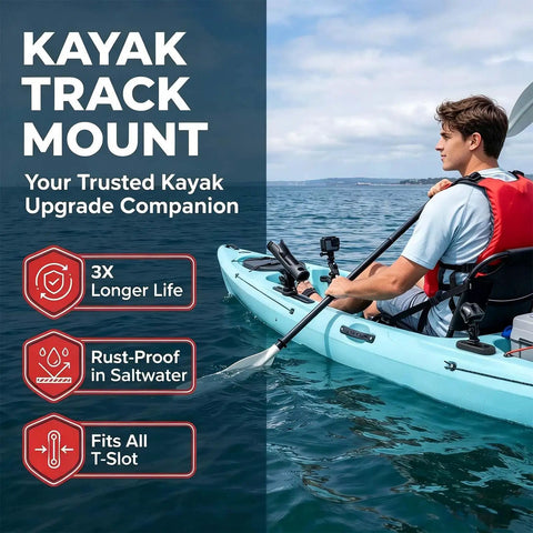 Low Profile Kayak Track Rail Mount Kit For All T Slot Rails Hook Up Your Gear With Custom Mount Points For Fishing Rod Holder, Fish Finder, Cup Holder, Paddle Holder, Anchor Cleats And Other Kayak Accessories 4 Inch 4 Pack installed on kayak