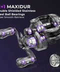 Royale Legend Pro Baitcasting Reel With Fast 8.0 To 1 Gear Ratio showcasing internal Maxidur steel ball bearings details.