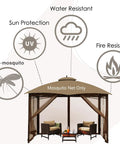 Durable 10x12 Outdoor Gazebo Mosquito Netting With 4 Panel Sidewalls, Double Zippers On All Sides, 100 Percent Polyester Brown Replacement Screen For Easy In And Out showcasing sun, water, fire resistance, and anti-mosquito features.