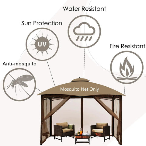 Durable 10x12 Outdoor Gazebo Mosquito Netting With 4 Panel Sidewalls, Double Zippers On All Sides, 100 Percent Polyester Brown Replacement Screen For Easy In And Out showcasing sun, water, fire resistance, and anti-mosquito features.