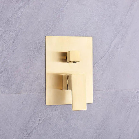 Dope Brushed Gold 10-Inch Rainfall Shower System With Wall Mounted Rain Head And Handheld Combo Rough-In Valve Body And Trim Included Modern Spa Quality Bath Upgrade; square brass valve body on tile wall