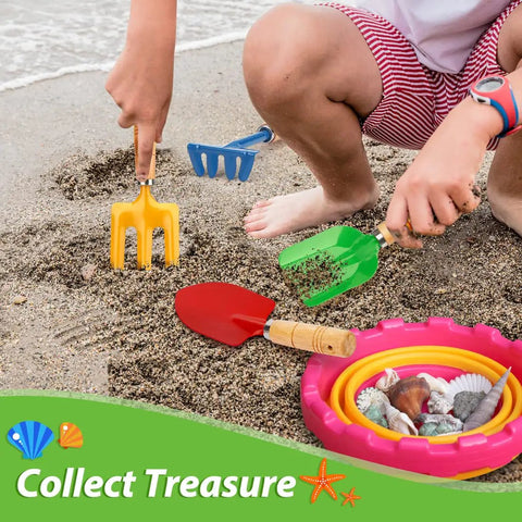 Children using Beefy Built To Last Garden Tool Set With Shovel Trowel Rake And Fork Real Metal Tools With Hardwood Handles in sand.