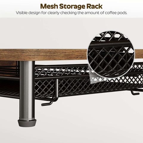 Close-up of a Compact Coffee Pod Drawer Holder With 35 Capsule Capacity For K Cup Storage and Sliding Mesh Basket Organizer in Rustic Brown.