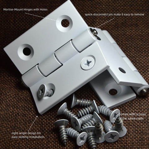 Whisper Quiet Two Point Five Inch Aluminum Door Hinges Four Pack For Cabinets Windows And Furniture Doors With Plastic Bushings Heavy Duty Mortise Hardware Low Dust Reduction, showing white hinges with screws on brown background.