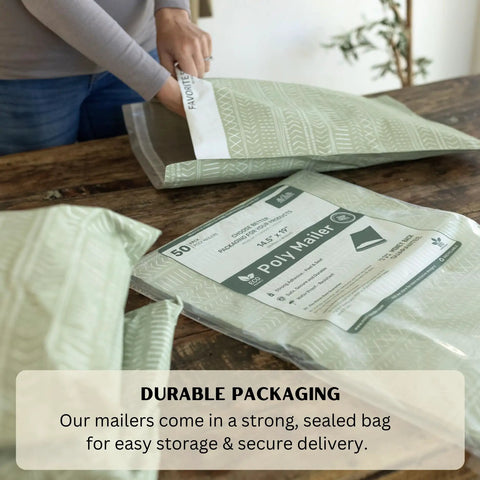 Person handling Extra Large 14x19 Inch Poly Mailers Pack Of 50 Self Sealing Waterproof And Tear Proof Envelopes For Clothing Shipping With Sage Green Boho Design.