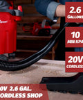 Cordless Shop Vac Wet And Dry 20V 4.0Ah Battery And Charger Included 2.6 Gallon Wet Dry Vacuum on workshop table