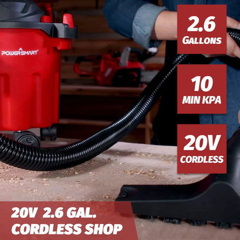 Cordless Shop Vac Wet And Dry 20V 4.0Ah Battery And Charger Included 2.6 Gallon Wet Dry Vacuum on workshop table