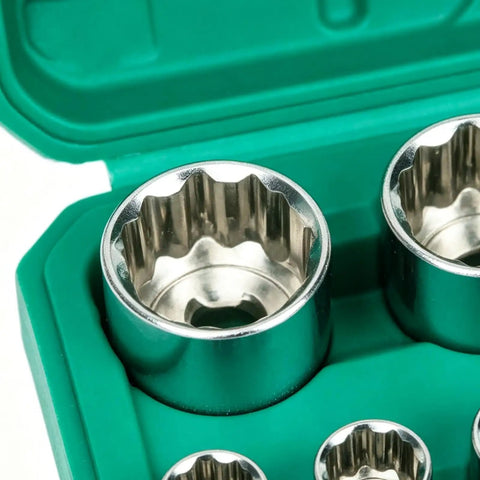 Rock Solid 12 Point Metric Socket Set With Power Drill Adapter And Durable Storage Case For Tough Auto Repairs And Home Plumbing Jobs To Prevent Slippage On Corroded Bolts, close-up of 12-point metric sockets in green case