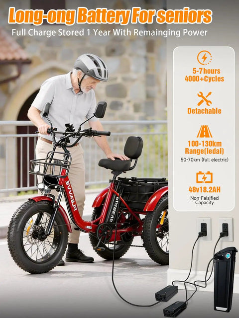 Beast Power Folding 3 Wheel Electric Trike For Adults With 1550W Peak Power 48V Fat Tire 20x4 Detachable Rear Basket Rear Differential Easy Fold Red For Daily City Rides, battery close-up