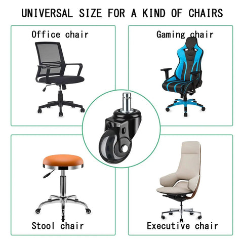 Five Pack Heavy Duty Office Chair Caster Wheels With Brakes, 2 Inch Swivel Rollers for various chair types including office and gaming.