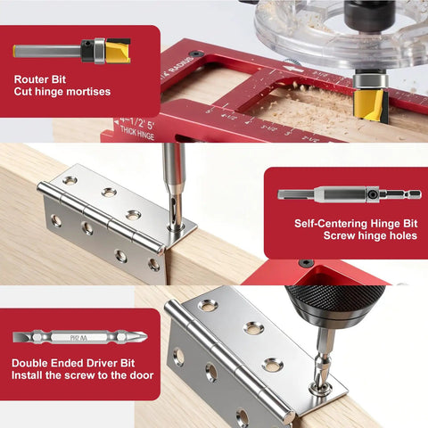 No Sweat Door Hinge Jig And Lock Installation Kit with aluminum router template and hinge bits for precise door installations.