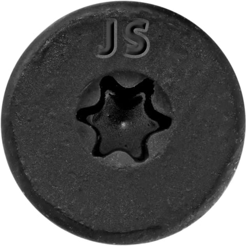 Close-up of 15x8 Built To Last Black Wafer Head Structural Lag Screws For Log Construction Timber Framing Laminated Beams And Pole Barns T30 Torx Drive ACQ Coated For Outdoor Or Indoor Use High Tensile And Shear Strength Heavy Duty 50 Count showing the T30 Torx drive head