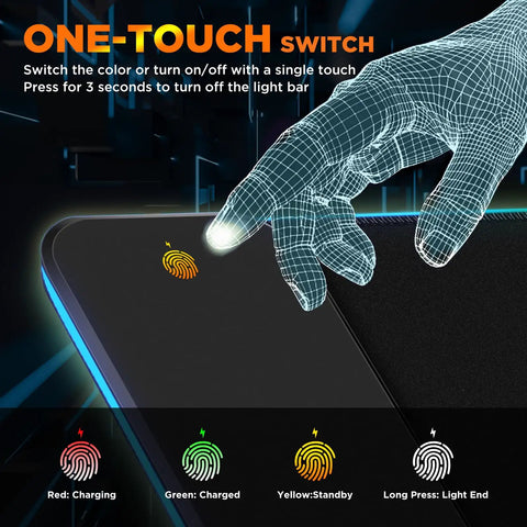 RGB Gaming Mouse Pad With 15W Wireless Charging Hella Large Non Slip Desk Pad For Gaming 10 Light Modes Premium Smooth Surface Oversized Mouse Mat For PC Office And Home Setup 31.5 By 11.8 Inches showing touch switch to change color