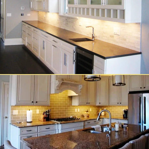Under Cabinet LED Lighting Kit With 6 12 Inch Light Strips, 2000 Lumen Ultra Bright Warm White installed in modern kitchens