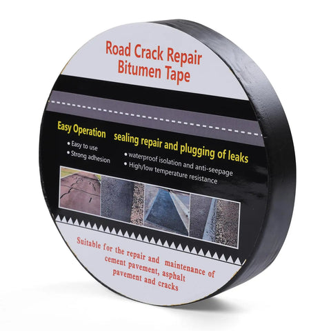 Self Adhering Asphalt Crack Tape 1.57 Inch By 50 Feet No Torch Required Easy Fix For Driveways Parking Lots Roofs And Roads 3mm Thick Durable Joint Repair Tape For Cracks And Gaps, shown in packaging with surface application images.