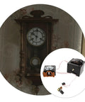 Quartz Clock Movement Repair Kit For Cuckoo Wall Clocks next to vintage clock, showing long shaft mechanism with hands.