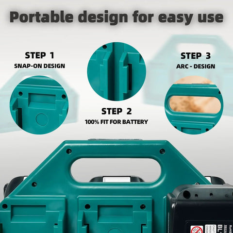 Six Slot Battery Holder For 18V And Fourteen Point Four Volt Batteries, showing setup steps, snap-on and arc design details