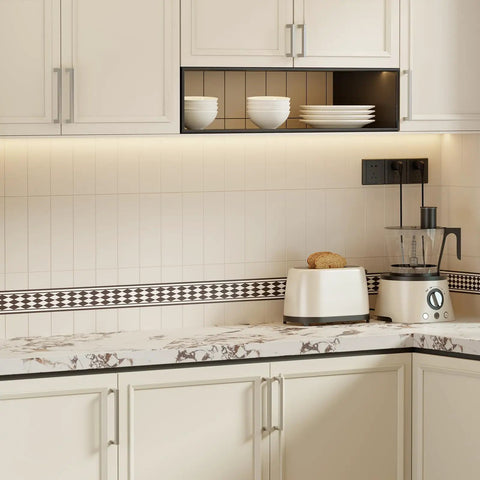Kitchen cabinets with 10 Pack Brushed Nickel Cabinet Pulls 3-3/4 Inch Hole Center Square Bar Drawer Handles visible.