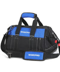 16 Inch Wide Mouth Tool Bag With Waterproof Molded Base, Heavy Duty 600D Polyester Construction, black and blue tool bag