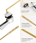 Universal Front Mount Toilet Tank Lever Replacement Kit With Brass Handle Chrome Finish Stainless Steel Flapper Chains For Most Toilets No Fuss Adjustment With Four Holes shown with installation details and solid brass material emphasis.