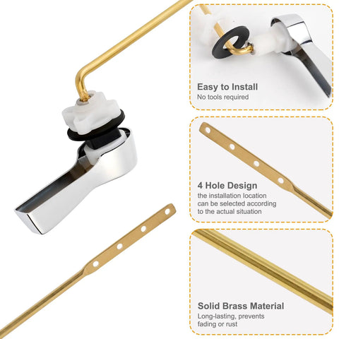 Universal Front Mount Toilet Tank Lever Replacement Kit With Brass Handle Chrome Finish Stainless Steel Flapper Chains For Most Toilets No Fuss Adjustment With Four Holes shown with installation details and solid brass material emphasis.