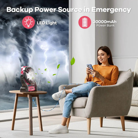 Woman using Ultra Portable 30000mAh Solar Fan With LED Lantern And 10W Solar Panel Battery Powered Camping Fan indoors during storm.