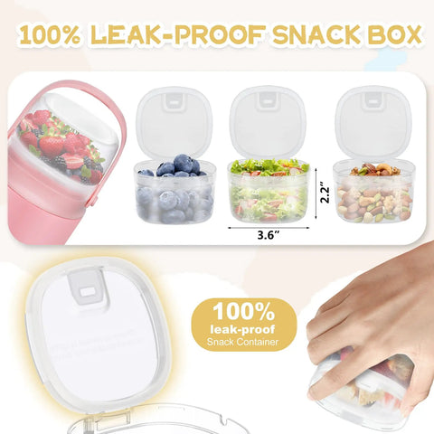 20oz Leak Proof Insulated Lunch Bowl With Wide Mouth Stainless Steel Thermos Jar Keeps Soups And Meals Hella Warm All Day Long Smooth Grab And Go Meal Prep Container For Kids And Adults Pink with detachable snack box.
