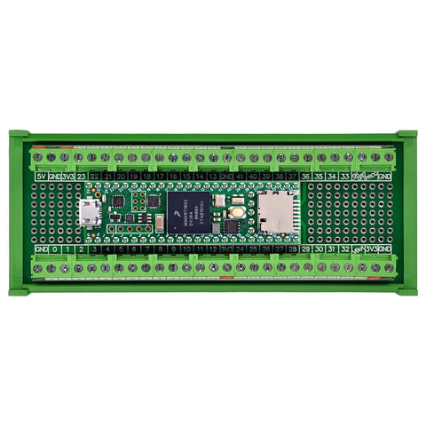 Pro Grade Industrial Terminal Block Breakout Board for Microcontrollers on DIN Rail Mount with 112 DIY solder pads, 2.54mm pitch.