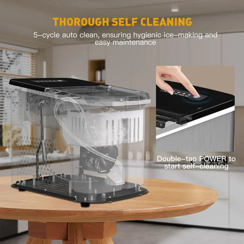 Countertop Ice Maker For Home And On The Go, Quick 3.5 Minutes Small Ice With 9 Cubes Per Cycle, transparent view showing self-cleaning feature