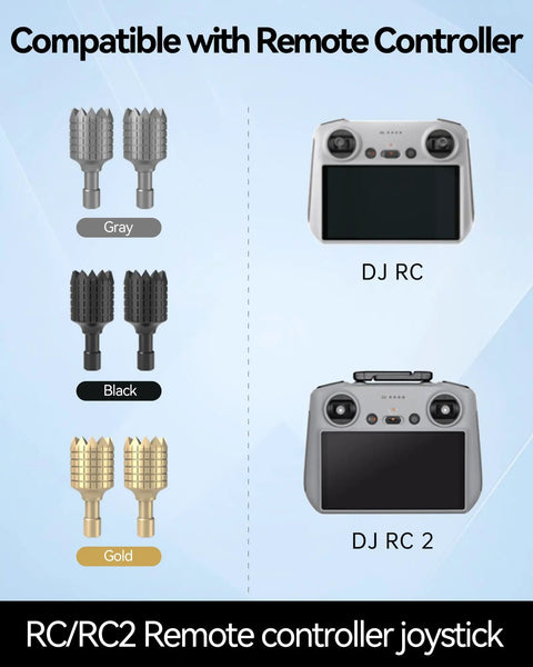 Remote Controller Joystick Sticks Replacement Set For DJI RC RC2, 3 pairs in gray, black, gold, with DJ RC, DJ RC2 controllers.