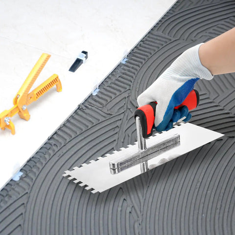 Applying tile adhesive with Three Piece Concrete Trowel Set With Stainless Steel Square Notched And Flat Finishing Trowels