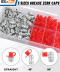Front view of EilxMag grease fittings kit in a plastic organizer; metal zerk fittings with red caps, straight and 45°/90° types.