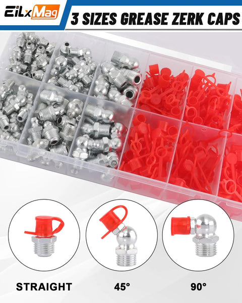 Front view of EilxMag grease fittings kit in a plastic organizer; metal zerk fittings with red caps, straight and 45°/90° types.