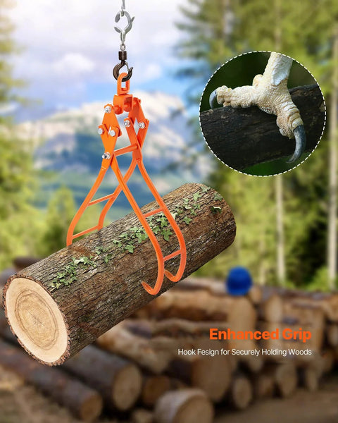 Timber Claw log grapple, orange four-claw lifting tongs with swivel gripping a log