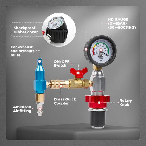 No Sweat Universal Coolant Vacuum Refill Kit For Cars with precise pressure gauge, ON/OFF switch, and brass quick coupler.