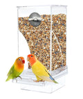 No Mess Acrylic Bird Feeder With Built In Perch And Secure Lid For Parakeets Finches Lovebirds And Canaries with two colorful birds.