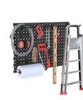 Garage Slatwall Hang Track Kit, 33 Inch Wide, With Pegboard Hooks, Hangers, And Paper Towel Holder, Black, holding tools and ladder.
