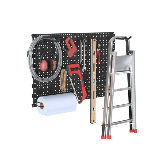 Garage Slatwall Hang Track Kit, 33 Inch Wide, With Pegboard Hooks, Hangers, And Paper Towel Holder, Black, holding tools and ladder.