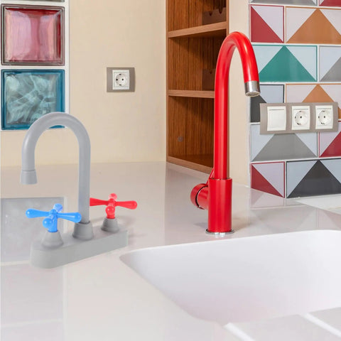 Straight Up Realistic Kitchen Faucet Toy For Kids Pretend Play Sink Accessories in gray and red on a countertop.