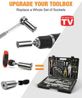 Universal Socket Tool Set With Power Drill Adapter 7 To 19 mm Gift For Him shown with various tools and a toolbox.