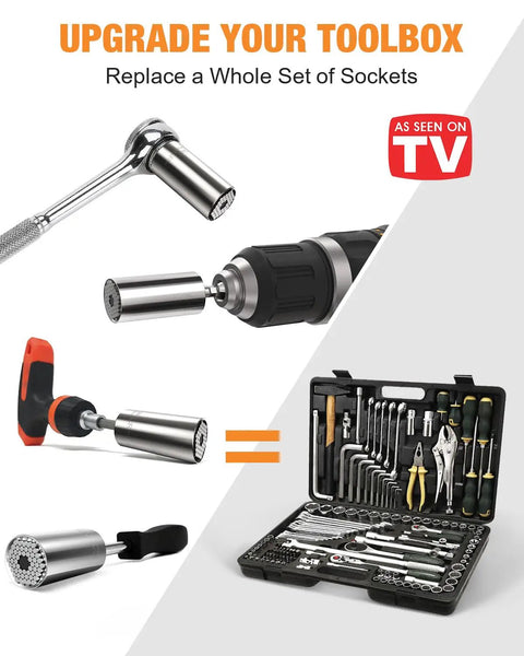 Universal Socket Tool Set With Power Drill Adapter 7 To 19 mm Gift For Him shown with various tools and a toolbox.