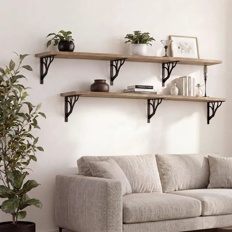 2 Pack 8 Inch Decorative Black Shelf Brackets Heavy Duty Wall Mount L Shaped Floating Shelves With Hardware For DIY Kitchen Shelving And Wall Decor With All Mounting Hardware Included For Easy Hassle Free Installs on wood shelf in living room