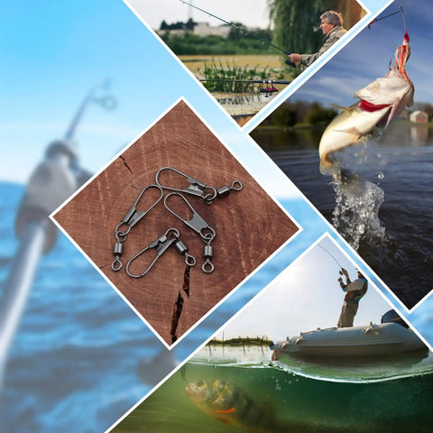 50 Pack Stainless Steel Fishing Snap Swivels With Barrel Swivel Design, Corrosion Resistant For Saltwater And Freshwater, Safety Interlock Clips For Lures And 14Lb Leader Lines, Pro Grade Bulk Set Built For All Day Angling on wood with fishing scenes