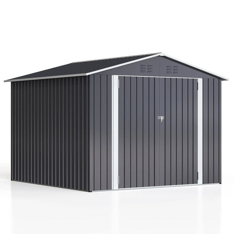 8x8 Ft Outdoor Metal Storage Shed With Lockable Doors updated frame structure for backyard, black heavy duty steel construction