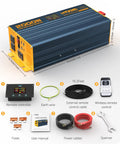 Super Heavy Duty 2000 Watt Pure Sine Wave Power Inverter Dc 12 To 120 Volt Ac showing remote control, cables, and user manual.