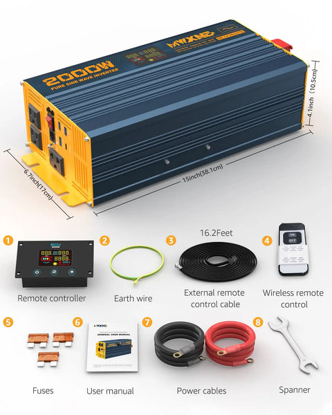 Super Heavy Duty 2000 Watt Pure Sine Wave Power Inverter Dc 12 To 120 Volt Ac showing remote control, cables, and user manual.