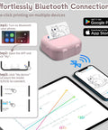 Dope Mini Sticker Printer And Portable Bluetooth Inkless Thermal Photo Maker With Pink Cat Design showing Bluetooth setup steps with mobile devices.