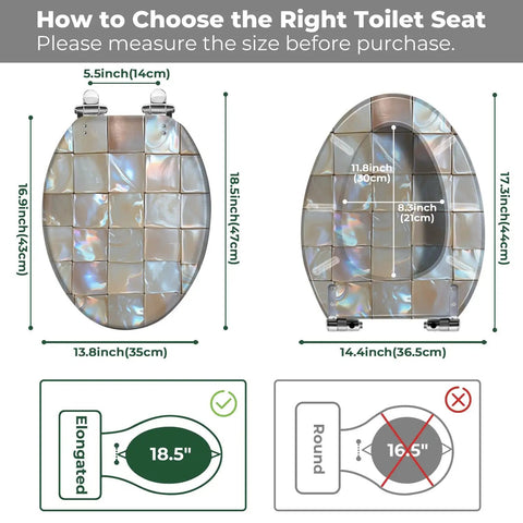 Guide for choosing the right Elongated Resin Toilet Seat for Bathroom dimensions with measurements displayed.